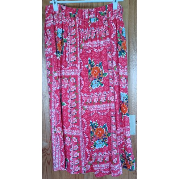 Lauren Conrad Red Floral Midi Skirt Linen Blend Women's 14 Elastic Waist Fairy - Picture 3 of 7